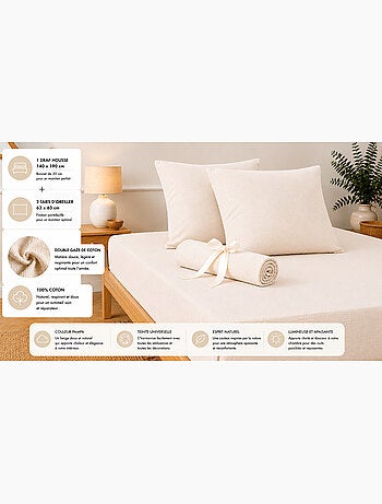 Pack drap housse + 2 taies d’oreiller double gaze de coton gaïa