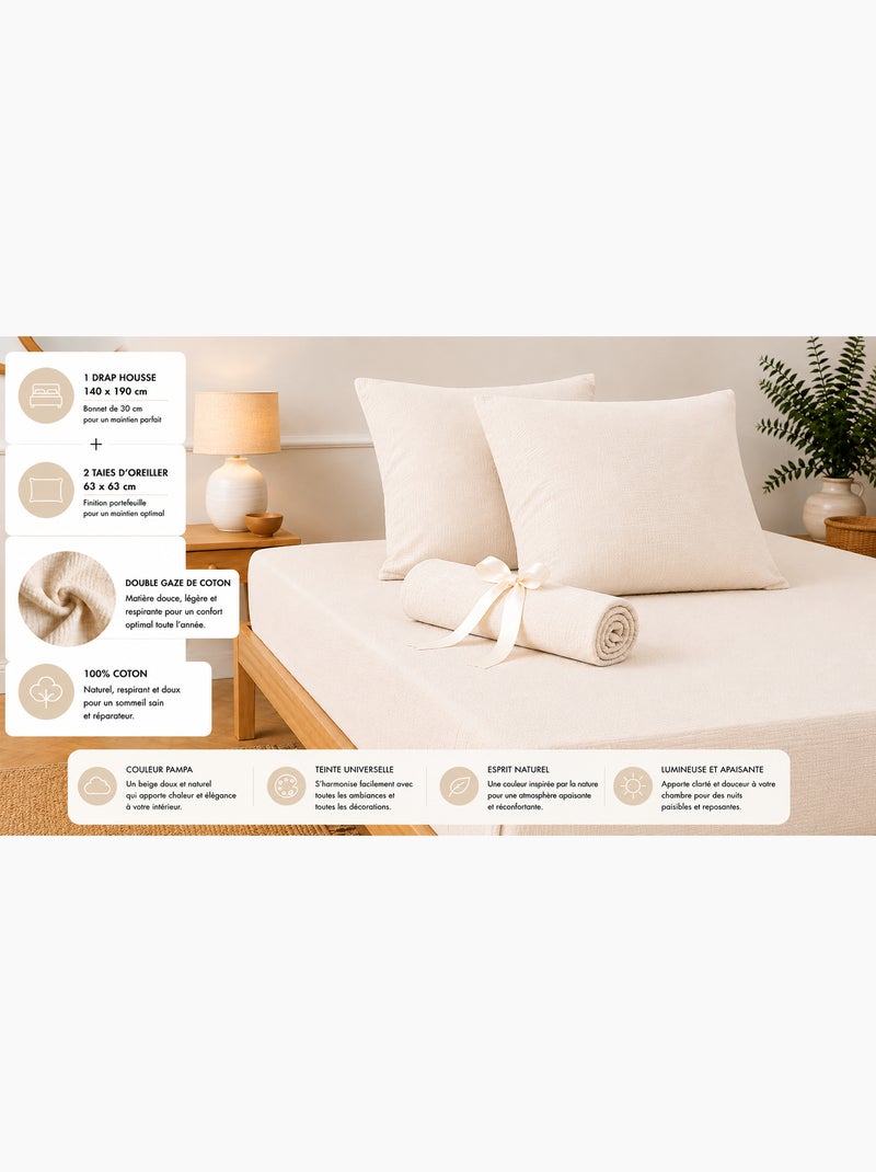 Pack drap housse + 2 taies d’oreiller double gaze de coton gaïa Beige clair - Kiabi