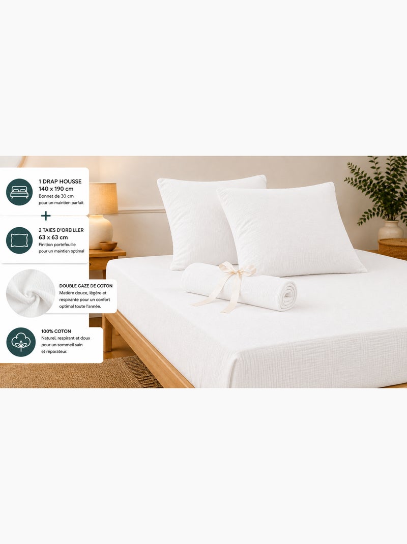 Pack Drap Housse + 2 Taies d’Oreiller Double Gaze de Coton GAÏA Blanc - Kiabi