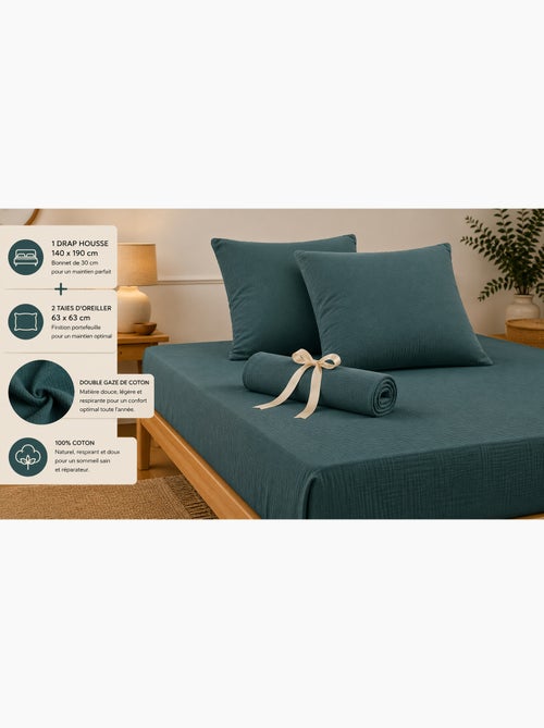 Pack drap housse + 2 taies d’oreiller double gaze de coton gaïa - Kiabi Pack drap housse + 2 taies d’oreiller double gaze de coton gaïa - Kiabi
