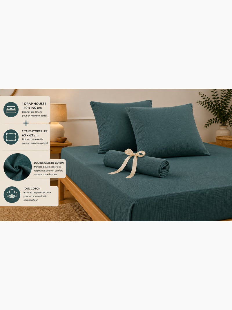 Pack drap housse + 2 taies d’oreiller double gaze de coton gaïa Bleu canard - Kiabi