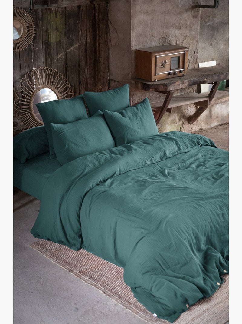 Pack drap housse + 2 taies d’oreiller double gaze de coton gaïa Bleu canard - Kiabi