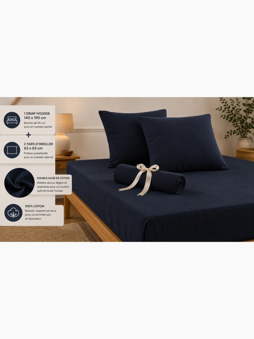 Pack Drap Housse + 2 Taies d’Oreiller Double Gaze de Coton GAÏA - Kiabi