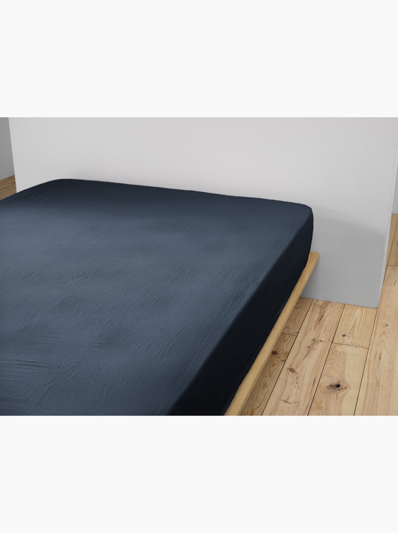 Pack Drap Housse + 2 Taies d’Oreiller Double Gaze de Coton GAÏA Bleu foncé - Kiabi