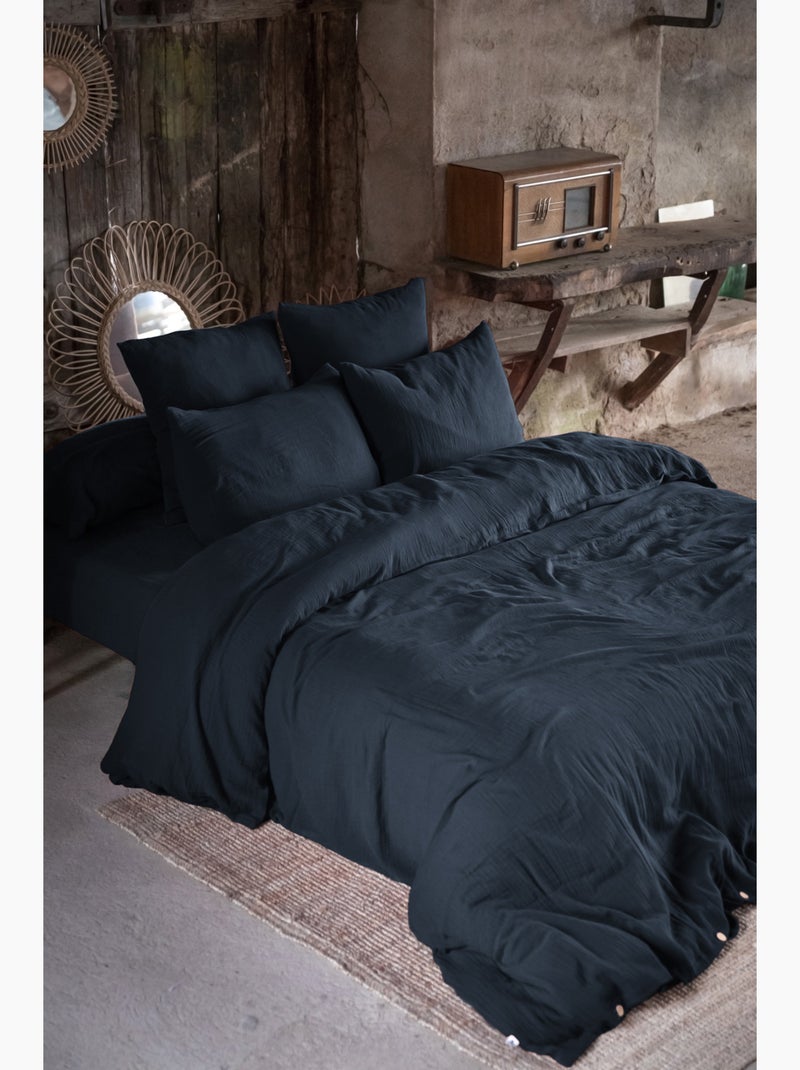 Pack Drap Housse + 2 Taies d’Oreiller Double Gaze de Coton GAÏA Bleu foncé - Kiabi