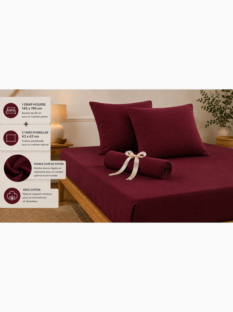 Pack Drap Housse + 2 Taies d’Oreiller Double Gaze de Coton GAÏA Bordeaux - Kiabi