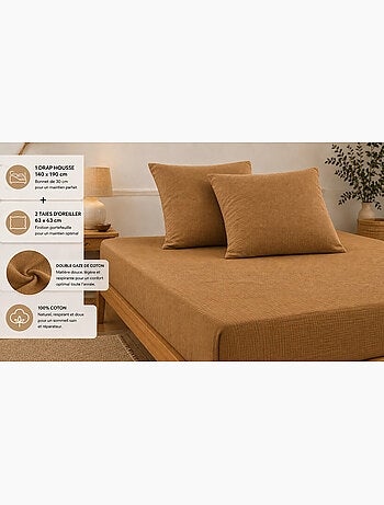 Pack Drap Housse + 2 Taies d’Oreiller Double Gaze de Coton GAÏA