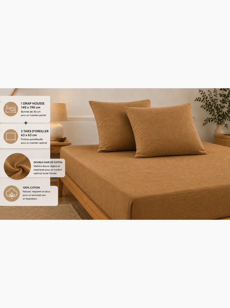 Pack Drap Housse + 2 Taies d’Oreiller Double Gaze de Coton GAÏA Camel - Kiabi
