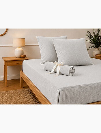 Pack Drap Housse + 2 Taies d’Oreiller Double Gaze de Coton GAÏA