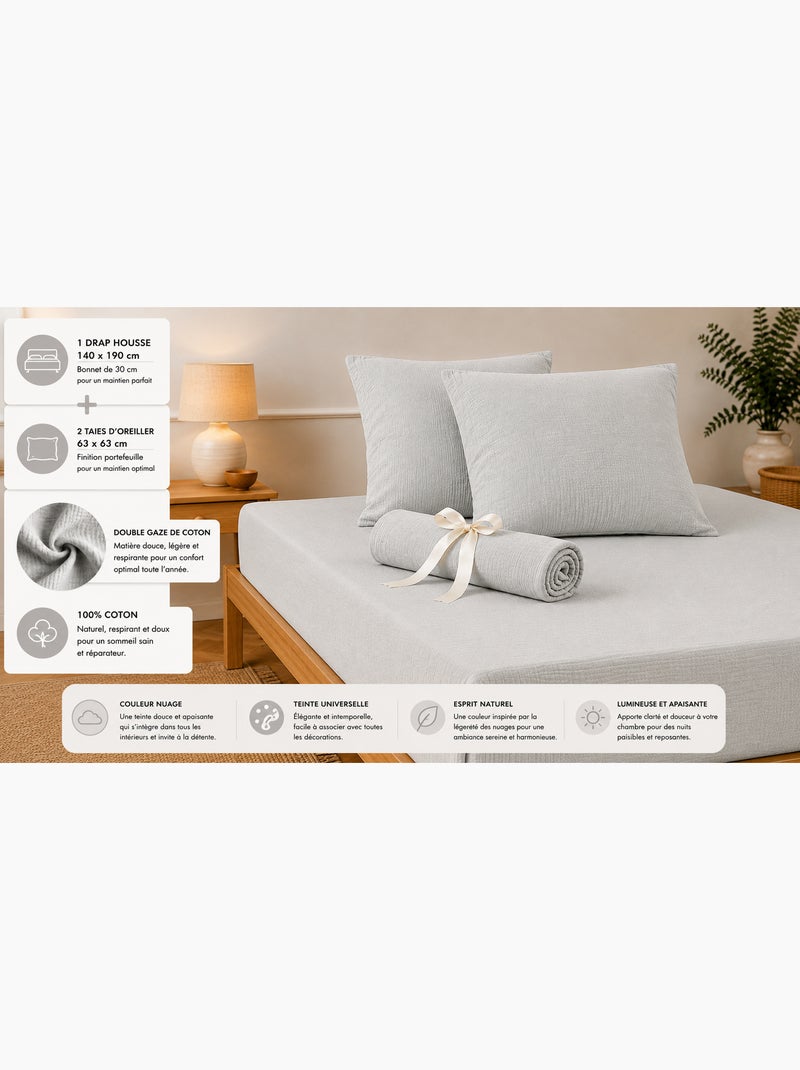 Pack Drap Housse + 2 Taies d’Oreiller Double Gaze de Coton GAÏA Gris clair - Kiabi