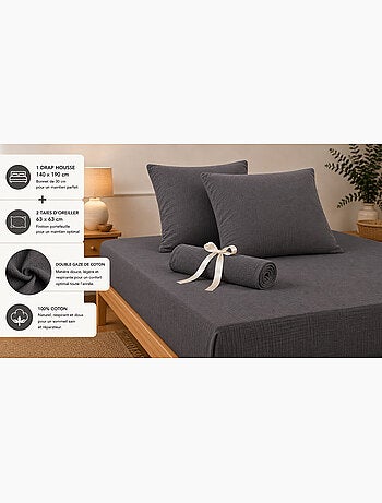 Pack Drap Housse + 2 Taies d’Oreiller Double Gaze de Coton GAÏA
