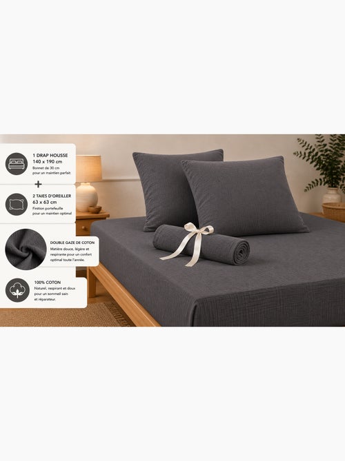 Pack Drap Housse + 2 Taies d’Oreiller Double Gaze de Coton GAÏA - Kiabi