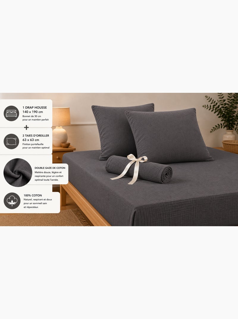 Pack Drap Housse + 2 Taies d’Oreiller Double Gaze de Coton GAÏA Gris Granit - Kiabi