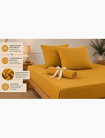 Pack Drap Housse + 2 Taies d’Oreiller Double Gaze de Coton GAÏA