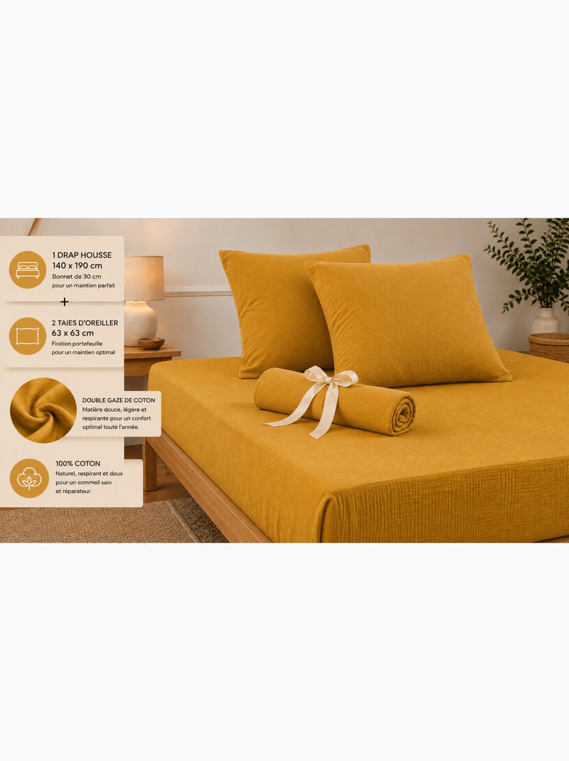 Pack Drap Housse + 2 Taies d’Oreiller Double Gaze de Coton GAÏA Jaune - Kiabi