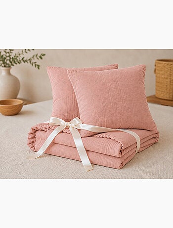 Pack drap housse + 2 taies d’oreiller double gaze de coton gaïa