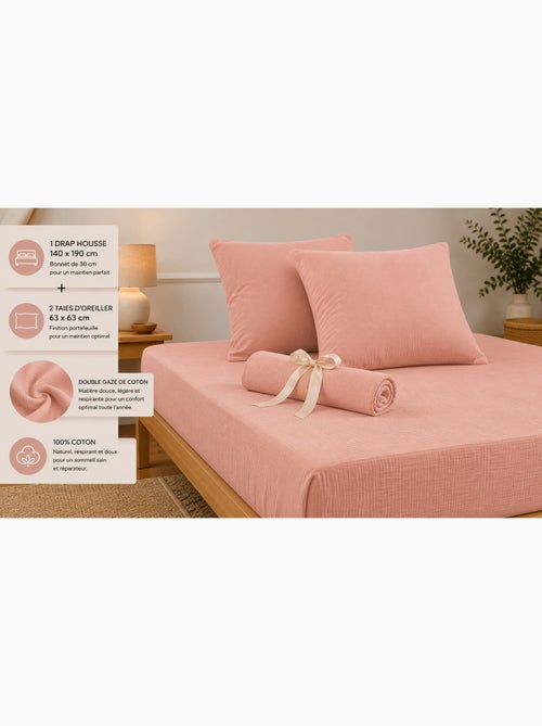 Pack drap housse + 2 taies d’oreiller double gaze de coton gaïa - Kiabi Pack drap housse + 2 taies d’oreiller double gaze de coton gaïa - Kiabi