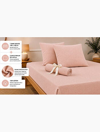Pack Drap Housse + 2 Taies d’Oreiller Double Gaze de Coton GAÏA