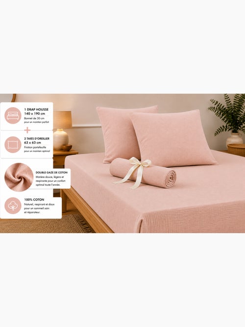 Pack Drap Housse + 2 Taies d’Oreiller Double Gaze de Coton GAÏA - Kiabi