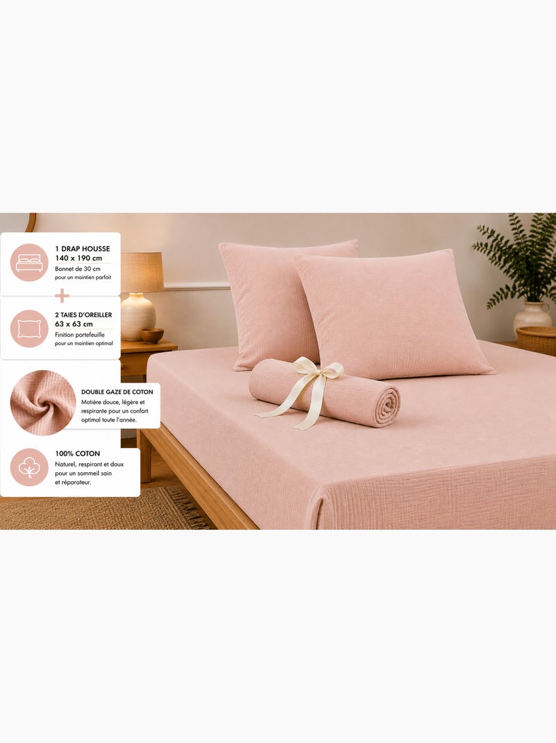 Pack Drap Housse + 2 Taies d’Oreiller Double Gaze de Coton GAÏA Rose saumon - Kiabi