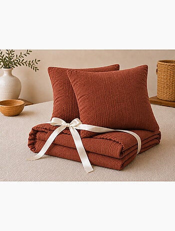 Pack Drap Housse + 2 Taies d’Oreiller Double Gaze de Coton GAÏA