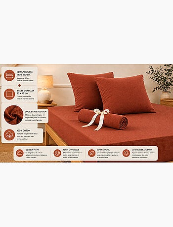 Pack Drap Housse + 2 Taies d’Oreiller Double Gaze de Coton GAÏA