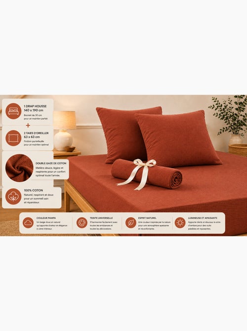 Pack Drap Housse + 2 Taies d’Oreiller Double Gaze de Coton GAÏA - Kiabi