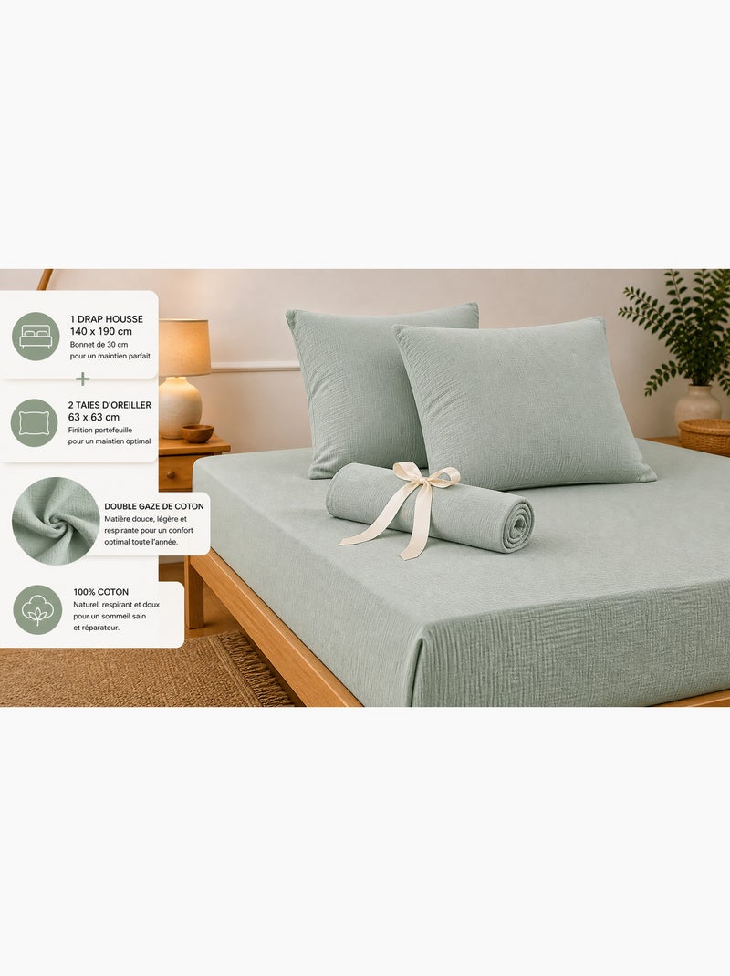 Pack Drap Housse + 2 Taies d’Oreiller Double Gaze de Coton GAÏA Vert clair - Kiabi