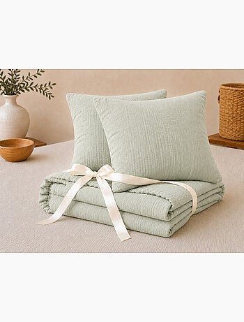 Pack Drap Housse + 2 Taies d’Oreiller Double Gaze de Coton GAÏA