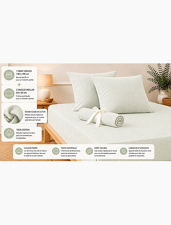Pack Drap Housse + 2 Taies d’Oreiller Double Gaze de Coton GAÏA