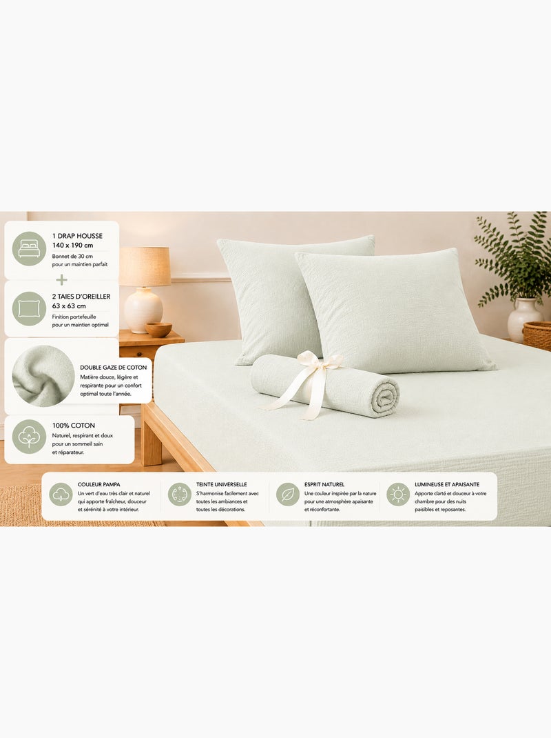 Pack Drap Housse + 2 Taies d’Oreiller Double Gaze de Coton GAÏA Vert d'eau - Kiabi