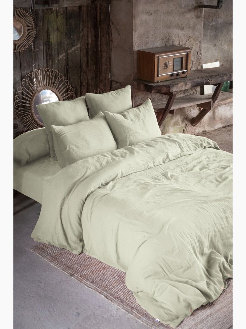 Pack Drap Housse + 2 Taies d’Oreiller Double Gaze de Coton GAÏA Vert d'eau - Kiabi