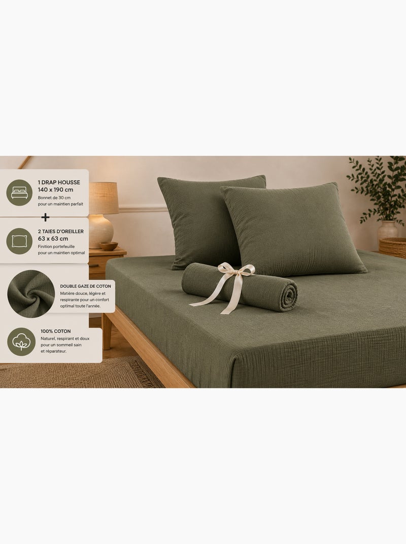 Pack Drap Housse + 2 Taies d’Oreiller Double Gaze de Coton GAÏA Vert romarin - Kiabi