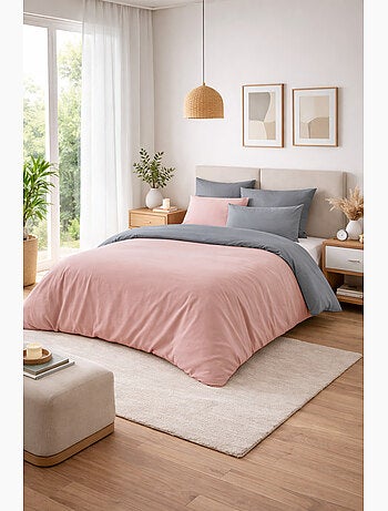 Pack HARMONIE 6 pièces Rose & Gris– Coton 57 fils – Housse 240x220 + Drap housse 140x190 cm