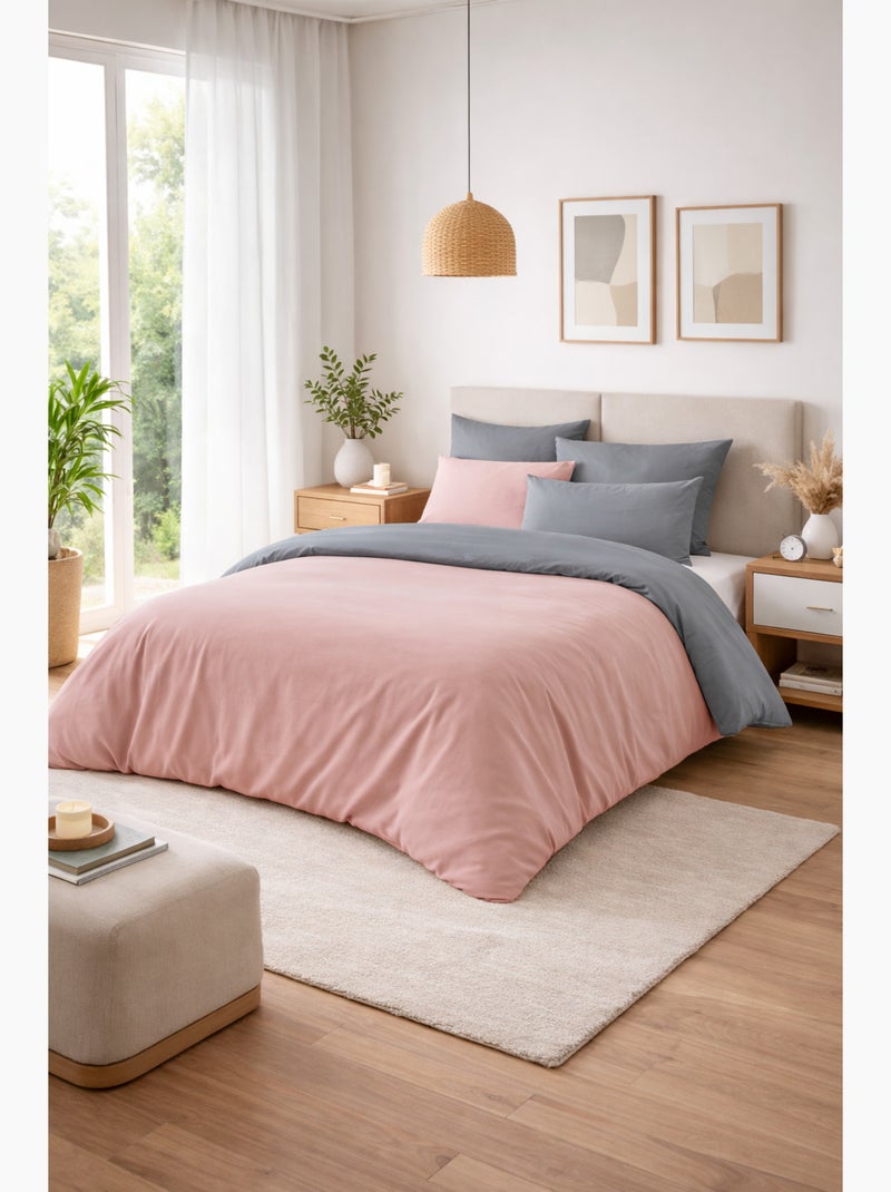 Pack HARMONIE 6 pièces Rose & Gris– Coton 57 fils – Housse 240x220 + Drap housse 140x190 cm Rose - Kiabi