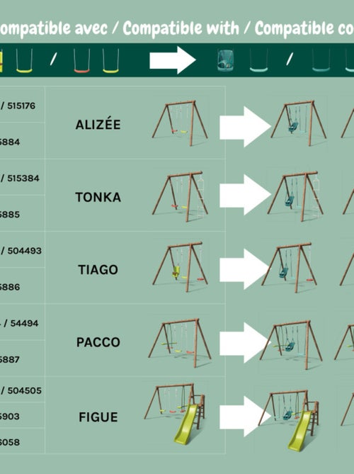 Pack Lilly SOULET 3 accessoires pour portique H195 cm : 2 balançoires et 1 siège bébé Lilly évolutif - Kiabi