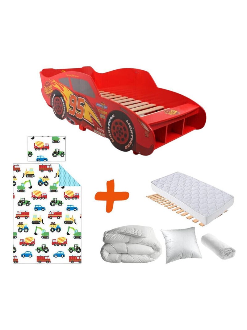 Pack Lit Cars forme voiture avec Matelas et Textile complet - couchage 140x70 cm Rouge - Kiabi