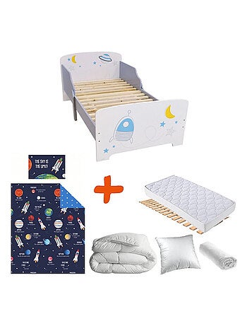 Pack Lit Espace et planètes avec Matelas et Textile complet - couchage 140x70 cm
