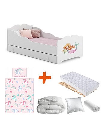 Pack Lit Sirène et étoile de mer + tiroir de rangement - 140 x 70 cm