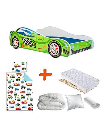 Pack Lit Voiture de course Verte SPEED avec flammes- 140 x 70 cm