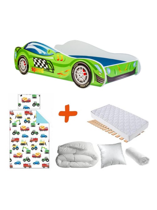Pack Lit  Voiture de course Verte SPEED avec flammes- 140 x 70 cm - Kiabi