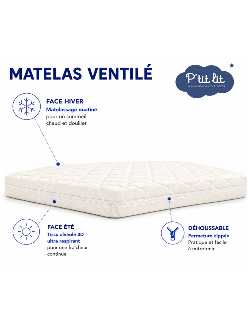 Pack Matelas B?b? 60x120 + Plan Inclin? ?toiles Dor?es + Prot?ge-Matelas - D?houssable et Sain Blanc - Kiabi