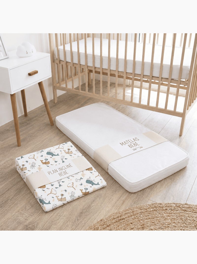 Pack Matelas Bébé 60x120 cm + Plan Incliné Coton Octopus - Confort Souple et Position Idéale Blanc Beige Bleu - Kiabi
