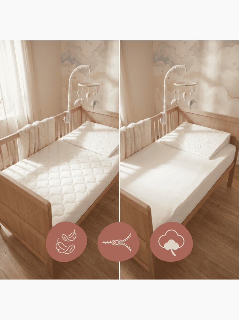 Pack Matelas Bébé 60x120 + Plan Incliné Étoiles Dorées + Protège-Matelas - Déhoussable et Sain Blanc - Kiabi