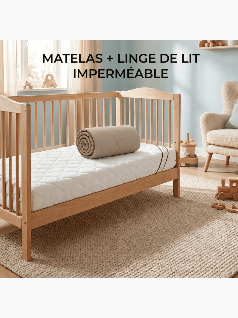 Pack Matelas Déhoussable Bamboo + Drap-Housse Imperméable Taupe Blanc - Kiabi