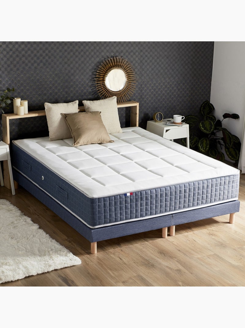 Pack matelas KING STYLE ressorts 7 zones mémoire de forme + sommier, couette et oreillers 2x80x200 Blanc Bleu - Kiabi