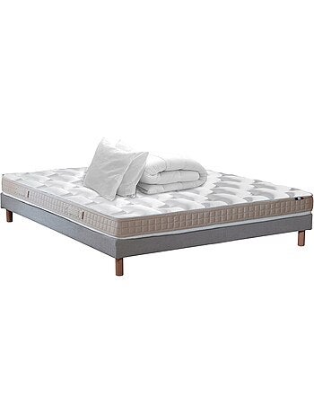 Pack matelas ORIGINEL latex 5 zones + sommier couette oreillers gris chiné 140x190