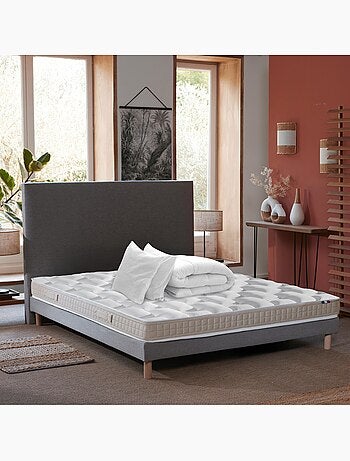Pack matelas ORIGINEL latex 5 zones + sommier couette oreillers gris chiné 140x190