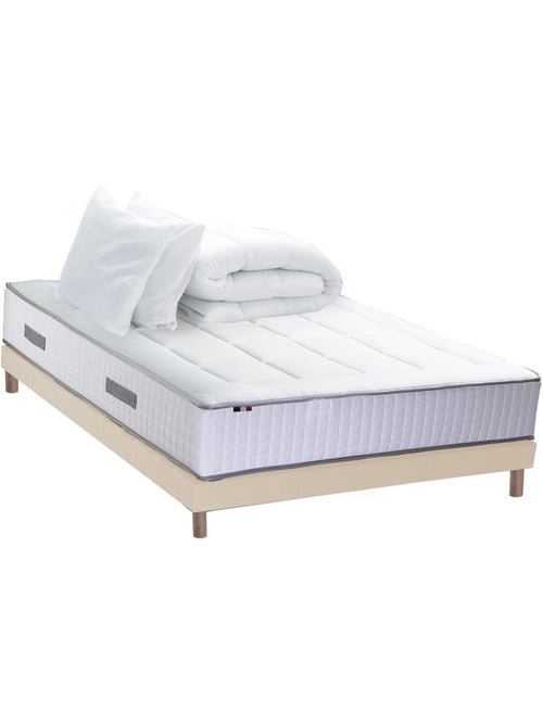 Pack matelas ressorts 7 zones PALACIO + sommier en kit beige + couette et oreillers - Kiabi Pack matelas ressorts 7 zones PALACIO + sommier en kit beige + couette et oreillers - Kiabi