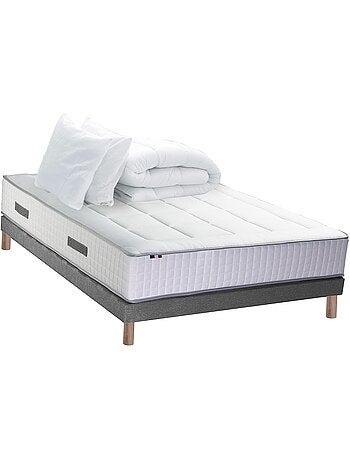 Pack matelas ressorts 7 zones PALACIO + sommier en kit gris + couette et oreillers